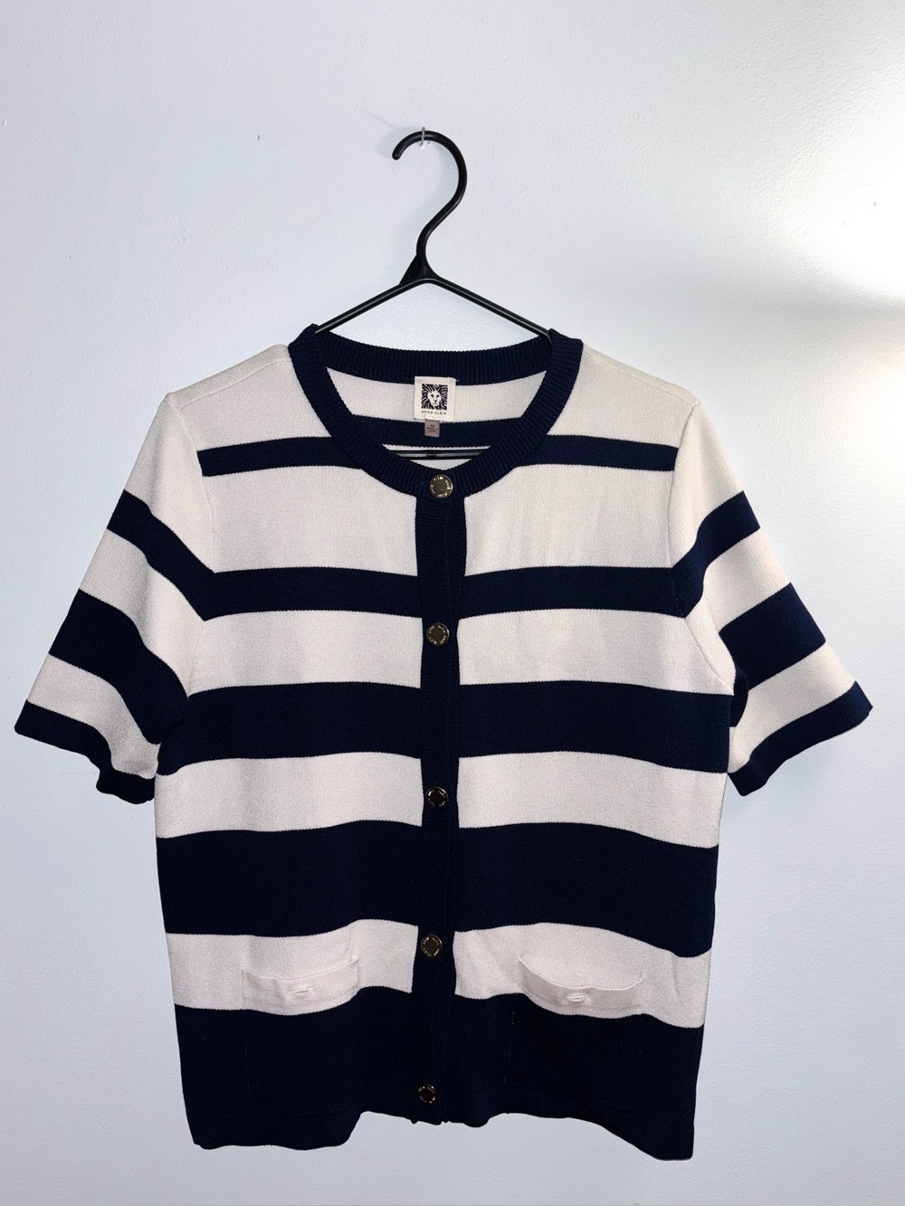 Anne Klein Striped Short-Sleeve Cardigan - Navy & White